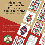 Printable Christmas Advent Envelopes with Child Appropriate Jokes - Traditional Colors